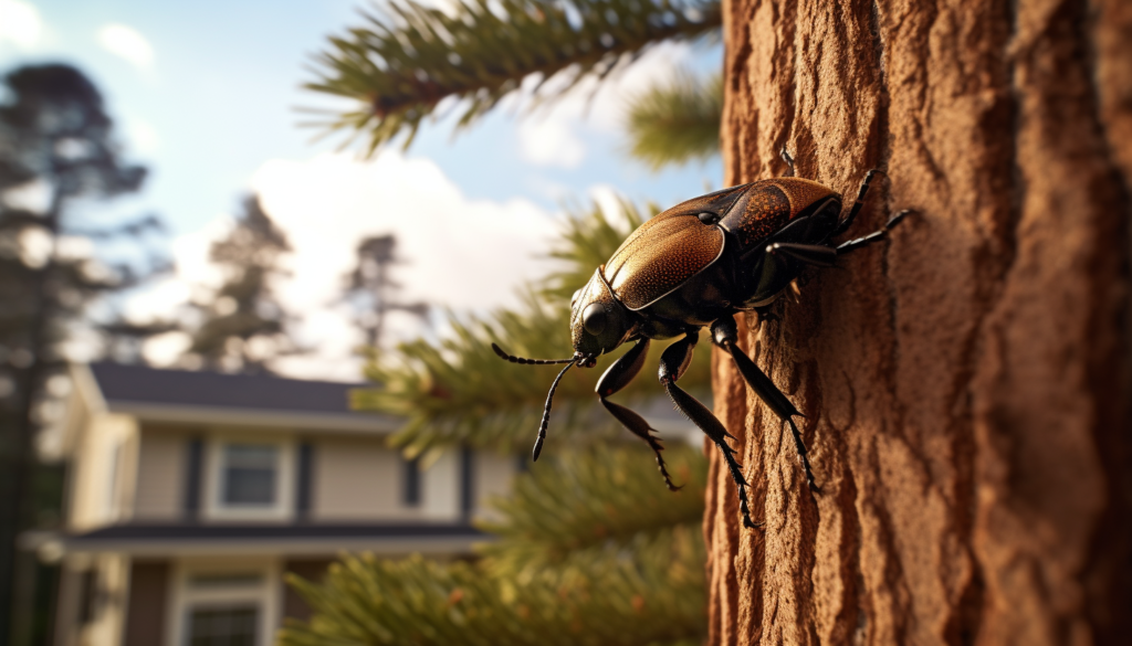 A close-up view of a pine beetle on the bark of a pine tree in Cobb County, Georgia, with a blurred residential house in the background.